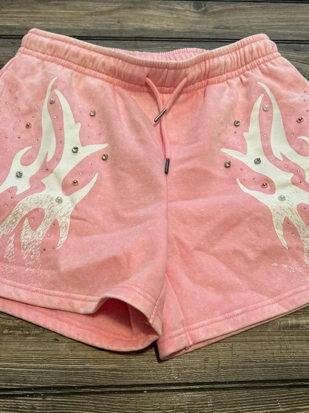 Women's Pink Flame-Print Drawstring Athletic Shorts with Rhinestone Detail